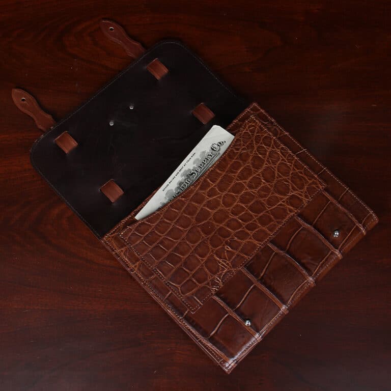 No. 33 Notebook in Vintage Brown American Alligator - ID 002 - open view showing front pocket