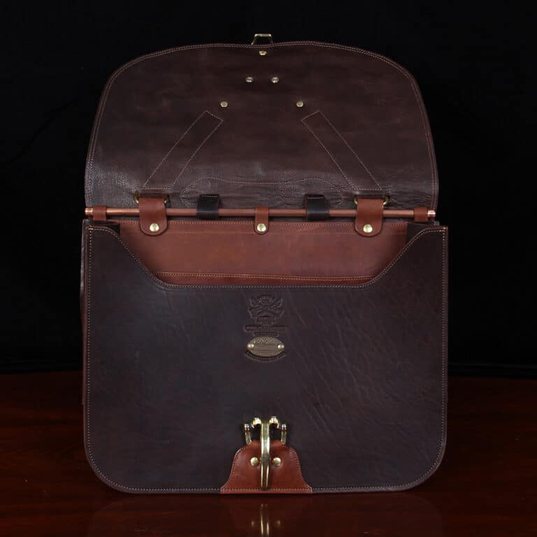 No. 41 Commander Briefcase in dark Tobacco Brown American Buffalo with Vintage Brown American Steerhide trim and American Alligator flap - serial number 008 - open front view showing Col. Littleton logo stamp and personalization plate