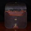 No. 41 Commander Briefcase in dark Tobacco Brown American Buffalo with Vintage Brown American Steerhide trim and American Alligator flap - serial number 009 - open front view showing Col. Littleton logo stamp and personalization plate
