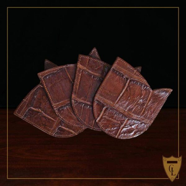 Tulip-shaped coasters in Vintage Brown American Alligator - Set of 4 - ID 001 - stack of four coaster on black background