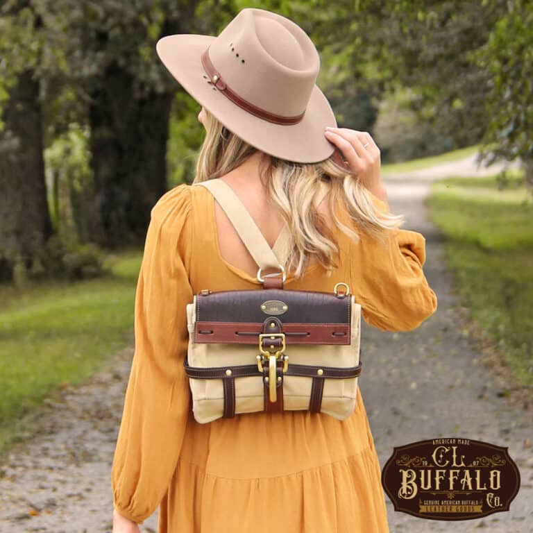 Women wearing GP2 Ladies Backpack in Tobacco Brown American Buffalo and Khaki Canvas