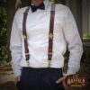 No. 2 Suspenders in Tobacco Brown American Buffalo - Man in a white shirt and bow tie wearing dark leather suspenders