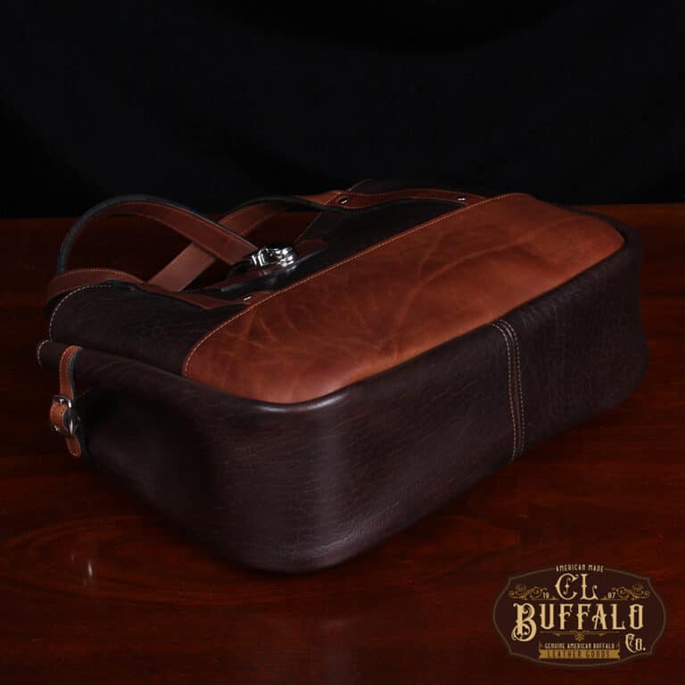 Bentley Tote in dark Tobacco Brown American Buffalo with contrasting vintage brown American Steerhide Trim - bottom view