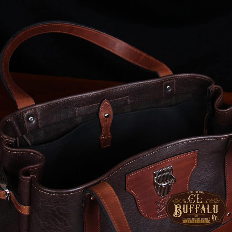 Bentley Tote in dark Tobacco Brown American Buffalo with contrasting vintage brown American Steerhide Trim - inside view of black canvas large back pocket with a leather closure
