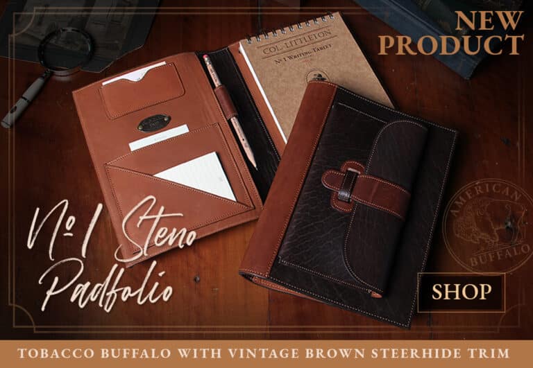 New product announcement for the No. 1 Steno Padfolio - Steno Padfolio open on the table with a shop button in the lower right hand corner