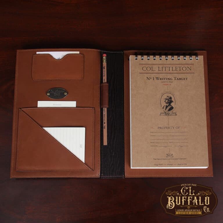 No. 1 Steno Padfolio in Tobacco Brown American Buffalo with Vintage Brown Steerhide Trim - open view showing notepad on the right and three pockets and the personalization plate on the left