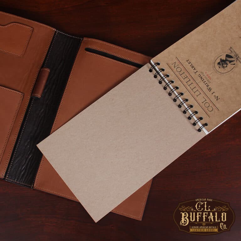 No. 1 Steno Padfolio in Tobacco Brown American Buffalo with Vintage Brown Steerhide Trim - open view of notepad showing stiff cardboard backer board