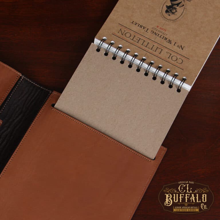 No. 1 Steno Padfolio in Tobacco Brown American Buffalo with Vintage Brown Steerhide Trim - detail view of stiff cardboard backer of notebook going in the designated slot on the inside of the Steno Padfolio
