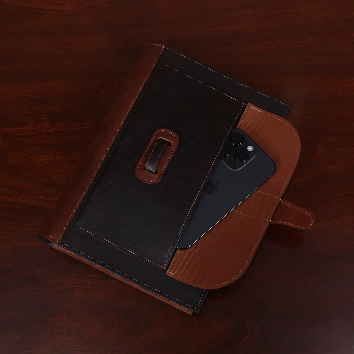 No. 1 Steno Padfolio in Tobacco Brown American Buffalo with Vintage Brown Steerhide Trim - front view showing the phone in the pocket