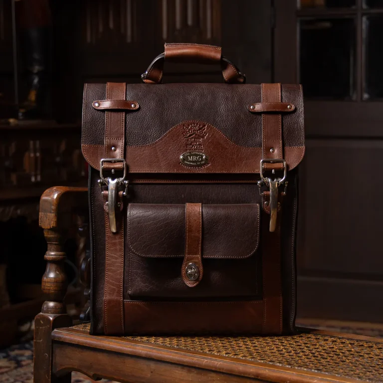 no 9 rover leather backpack in tobacco on bench