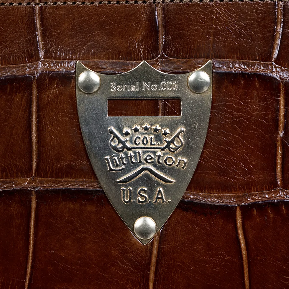 No. 41 Commander Briefcase in Vintage Brown American Alligator - serial number 006 - pommel shield