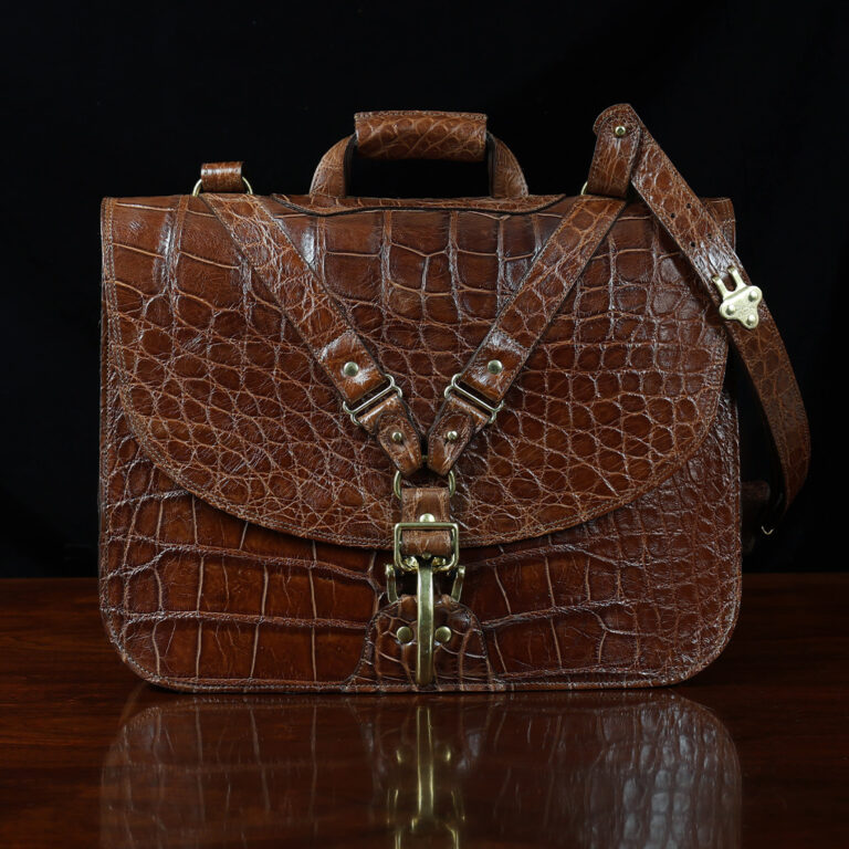 No. 41 Commander Briefcase in Vintage Brown American Alligator - serial number 016- front view with luggage tag