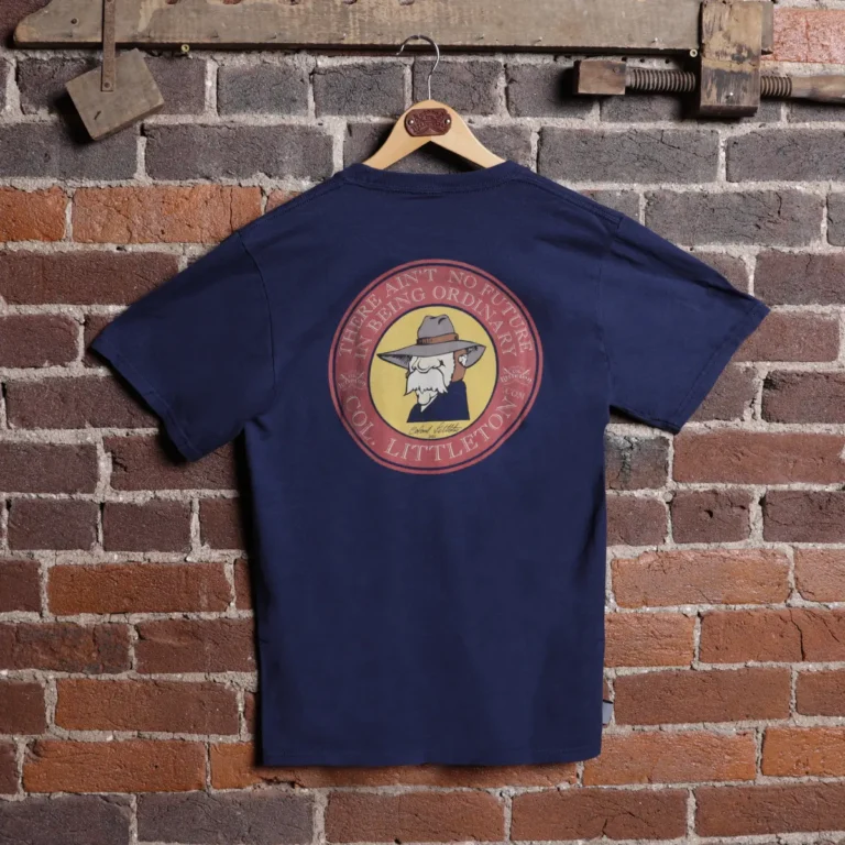 Back of a navy colonel littleton tshirt