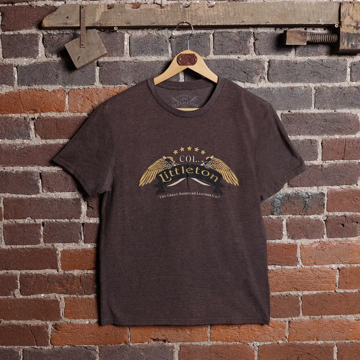 Front of a Brown colonel littleton tshirt