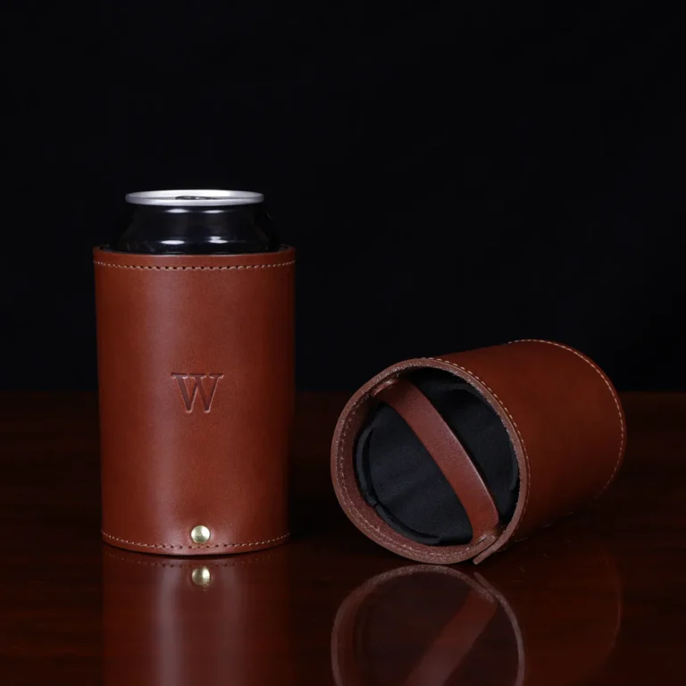 brown leather can caddies with personalized initial stamp
