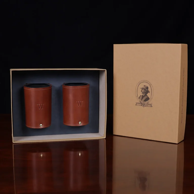 brown leather can caddies with personalized initial stamp plus gift box