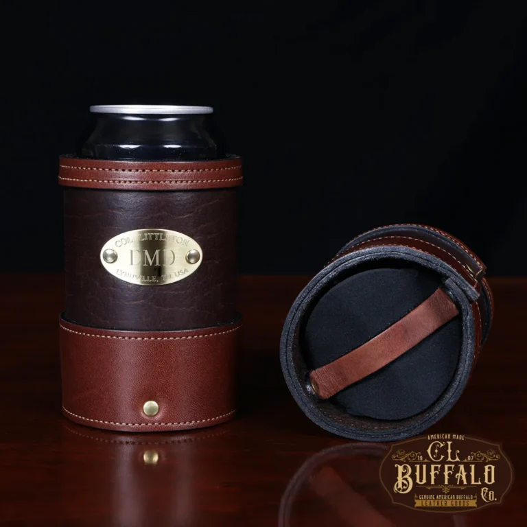 Tobacco Brown American Buffalo can caddy set of 2 on wood table - bottom view - with CL Buffalo logo in bottom right hand corner