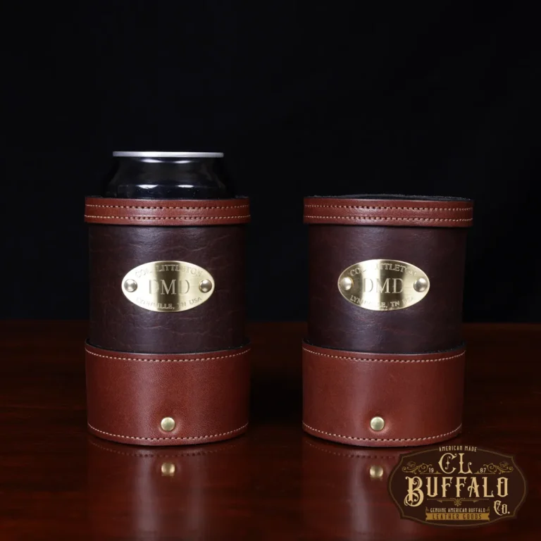 Tobacco Brown American Buffalo can caddy set of two on wood table with CL Buffalo logo in bottom right hand corner