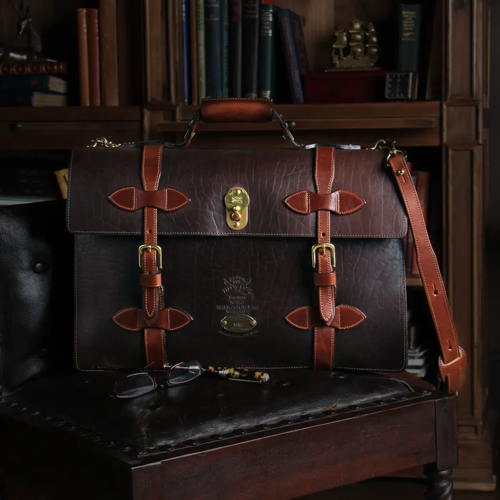 No 1943 Navigator Briefcase sitting on a chair