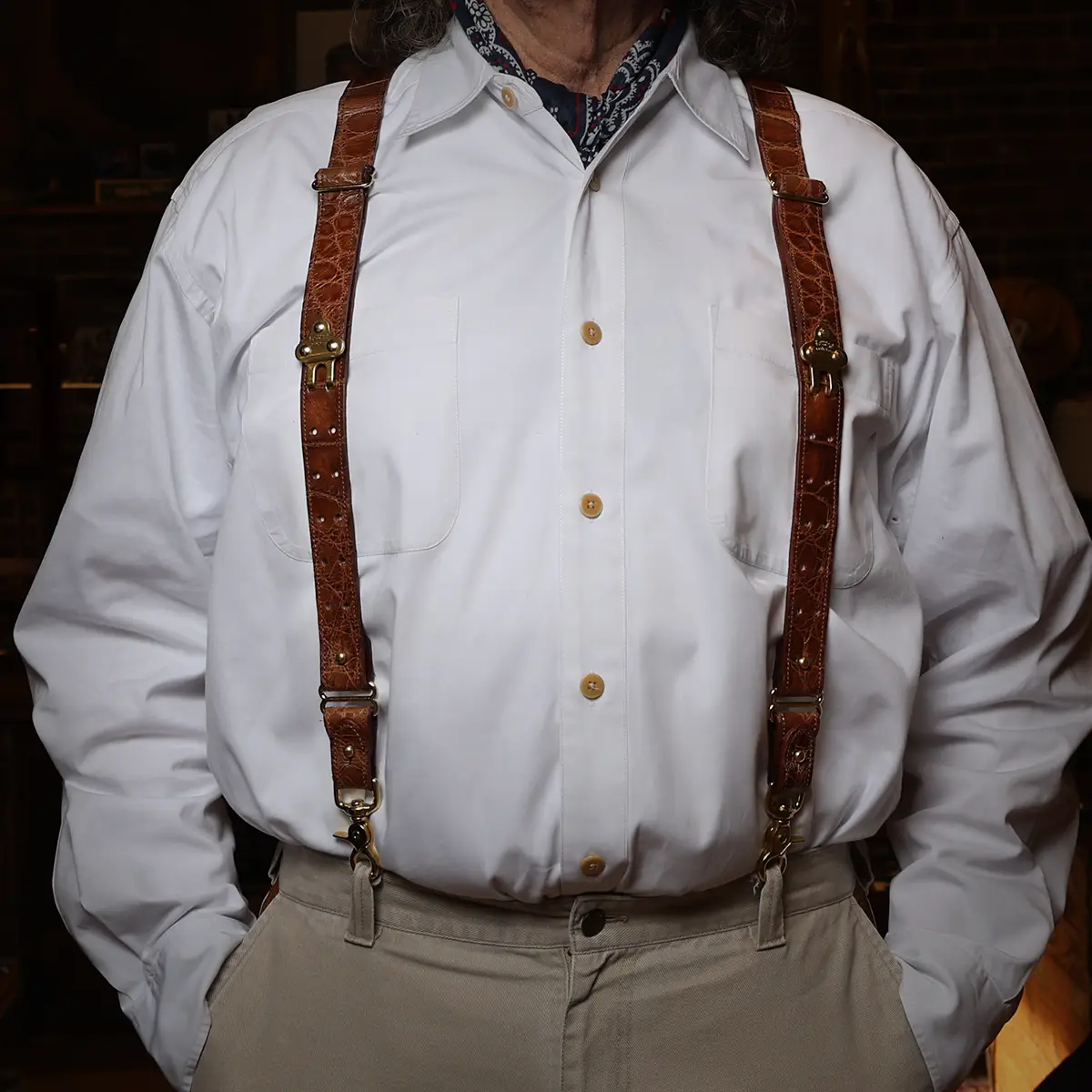 colonel wearing no 3 alligator suspenders - front view - id 002
