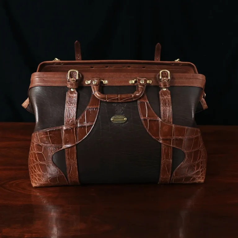 no 5 grip in tobacco buffalo with brown american alligator trim - front open view - on a wood table with black background - ID 001