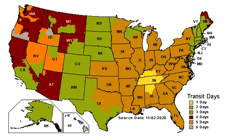 UPS map showing shipping times