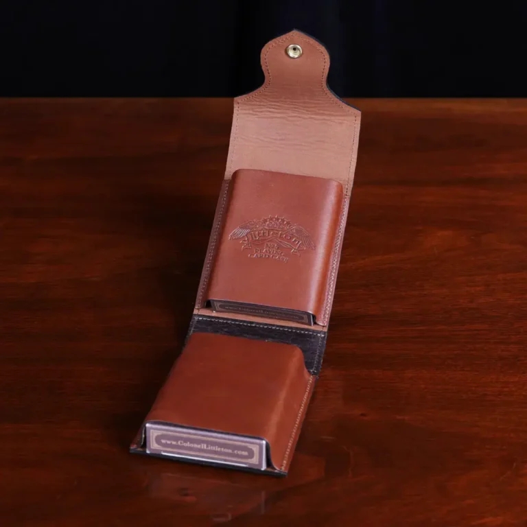 Leather playing card case, hold two decks of playing cards. showing the open view