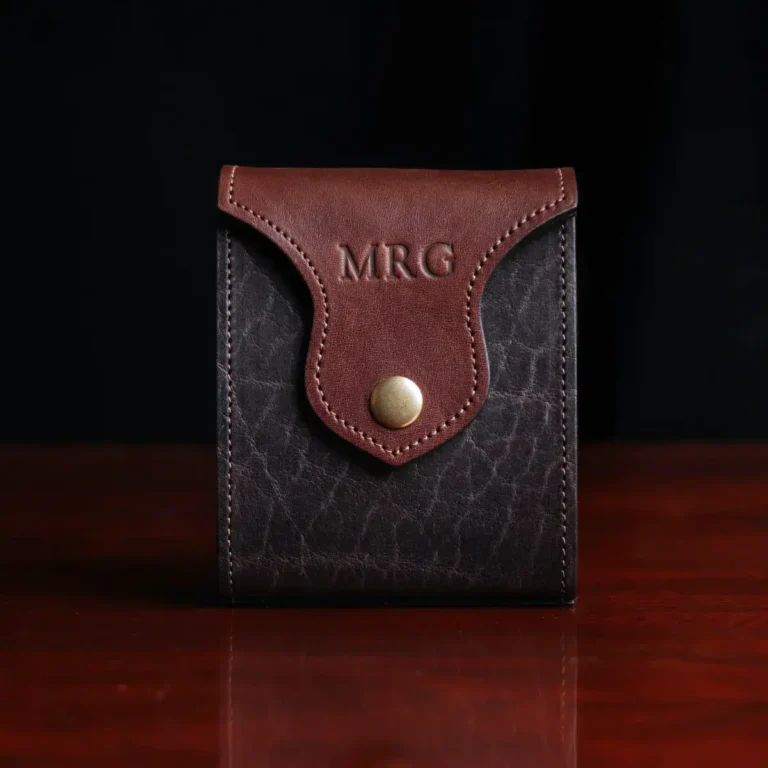 Leather playing card case, hold one deck of playing cards. showing the front view