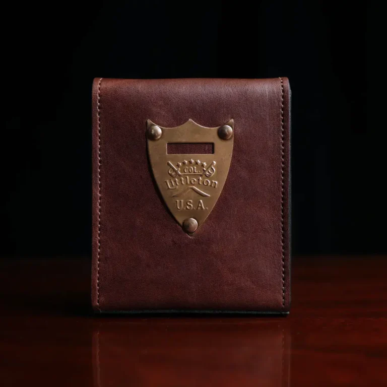 Leather playing card case, hold one deck of playing cards. showing the back view