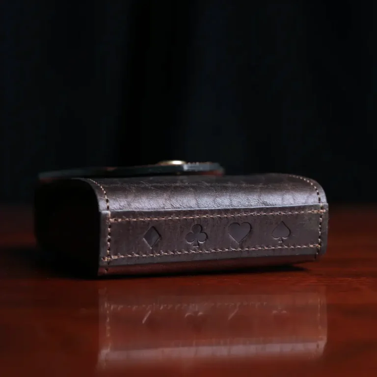 Leather playing card case, hold one deck of playing cards. showing the bottom view
