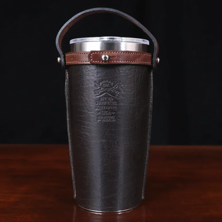 no 20 leather tumbler sleeve in tobacco brown - back view