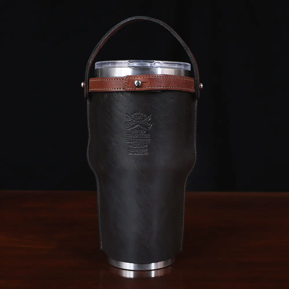 no 30 leather tumbler sleeve in tobacco brown - back view