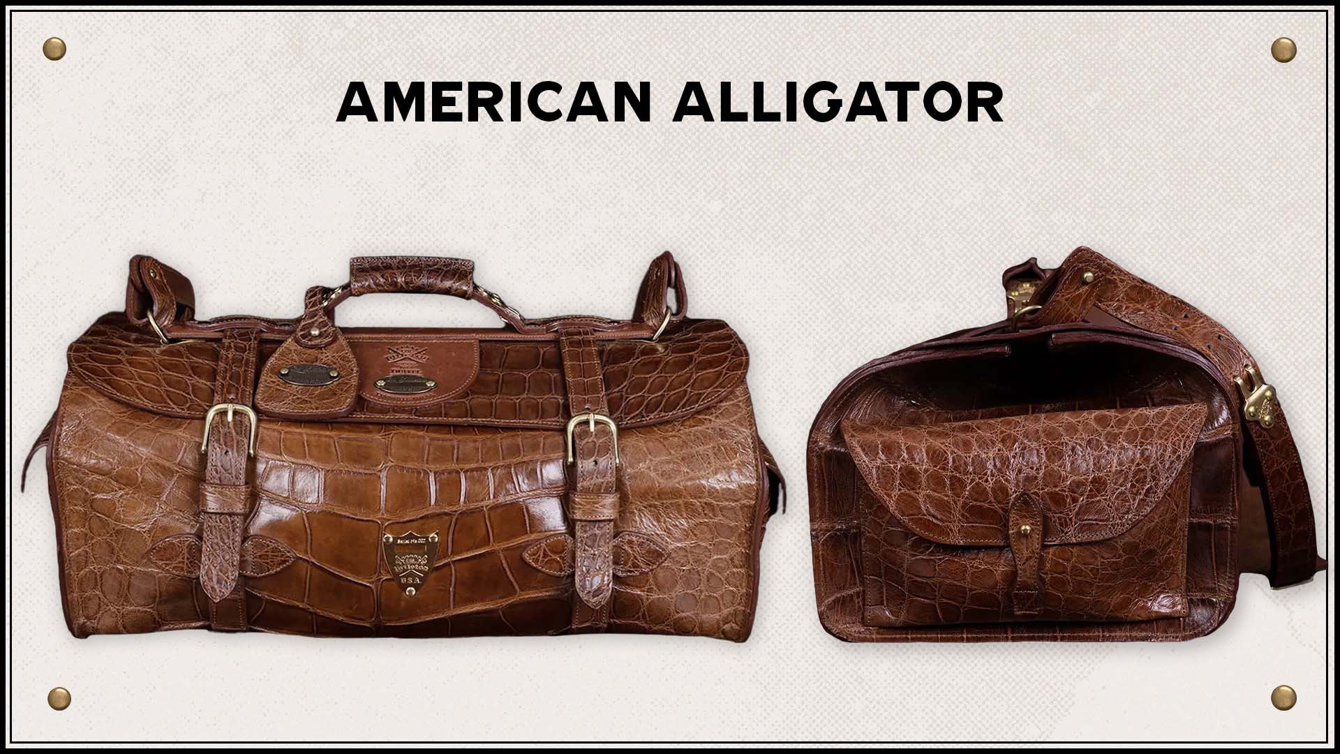 No. 2 Duffel Bag front and side view in American Alligator