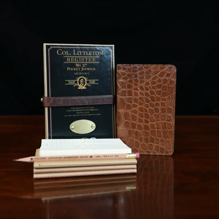 Group view of the no. 27 american alligator pocket journal with the refills, pencil, archive box and notecards included - id 003
