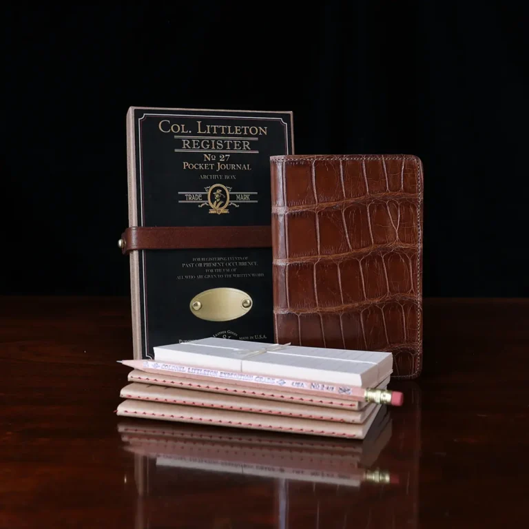 No. 27 Pocket Journal in Vintage Brown American Alligator - ID 002 - front view, shown with journal register archive box, 2 journal register notebooks, a stack of cream index notecards, and a Col. Littleton wooden No. 2 pencil