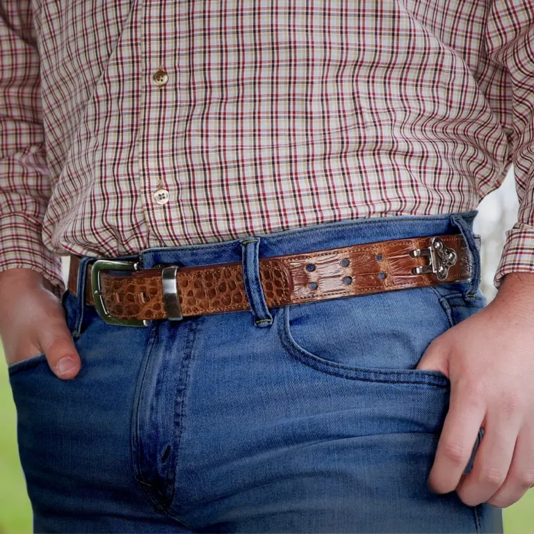 No. 4 Belt in American Alligator showing the front on a man