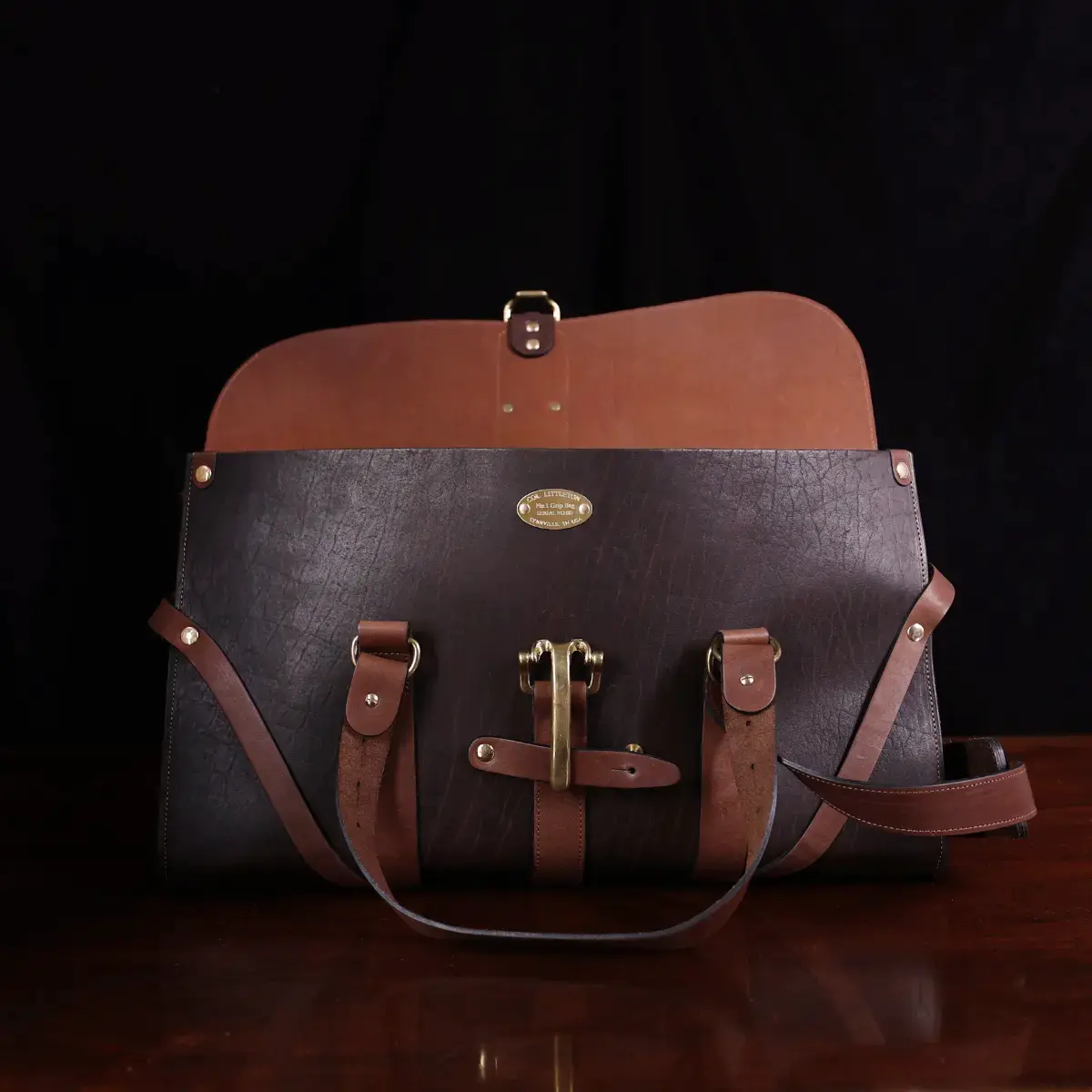 leather no 1 grip travel bag in tobacco brown american buffalo showing the front