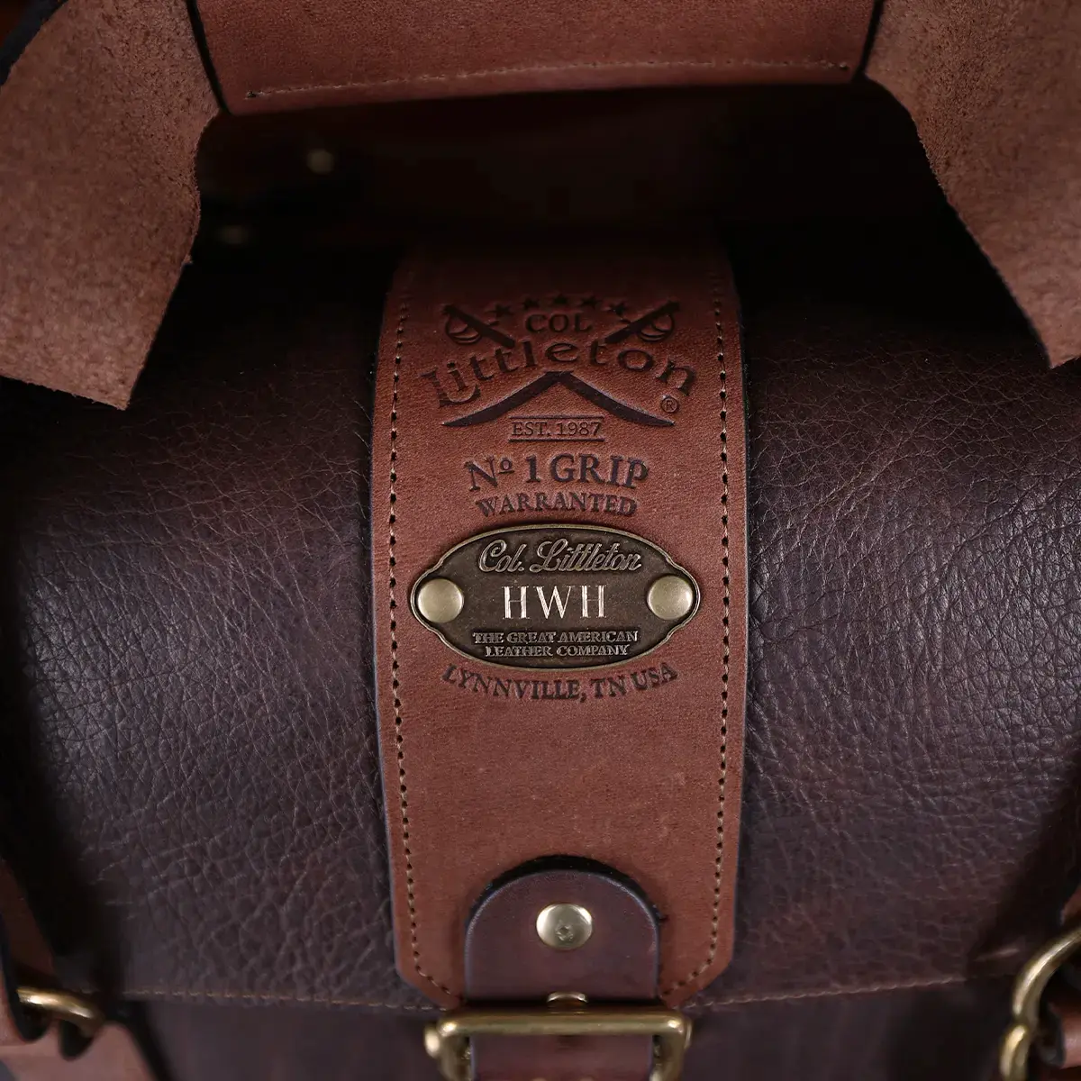 leather no 1 grip travel bag in tobacco brown american buffalo showing the brass plate