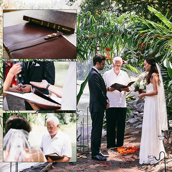Wedding Season Gift Guide 8 Photo collage of wedding featuring the No. 18 Portfolio in vintage brown American Steerhide