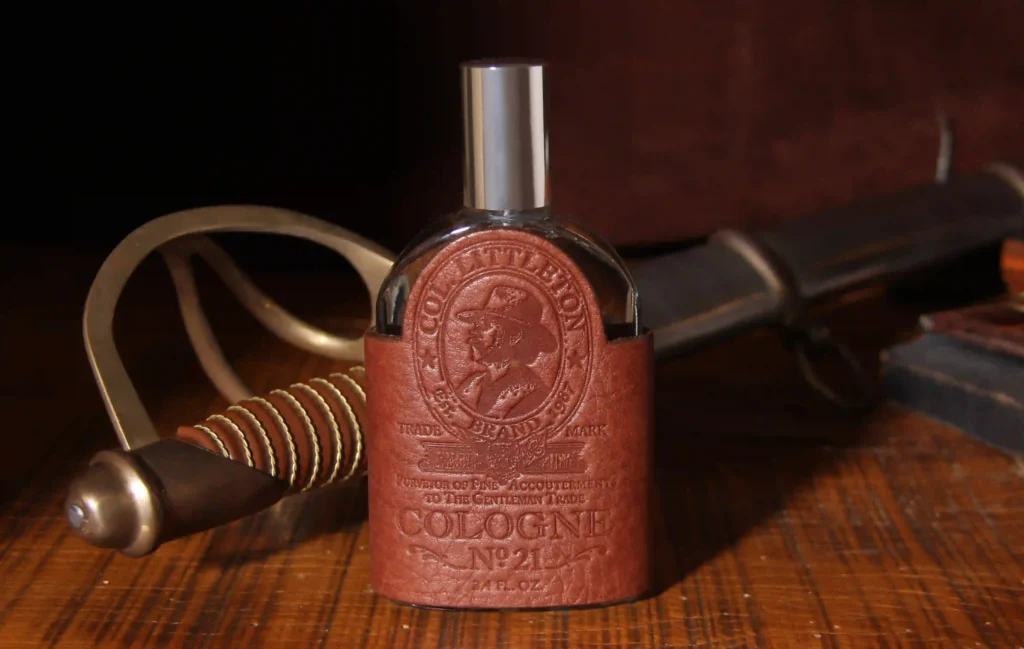 12 Best Father's Day Gifts 6 Cologne bottle with American Steerhide leather wrap featuring Col. Littleton logo