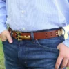 No. 5 Cinch Belt in Brown Leather with Stainless accents on a man- showing the front view