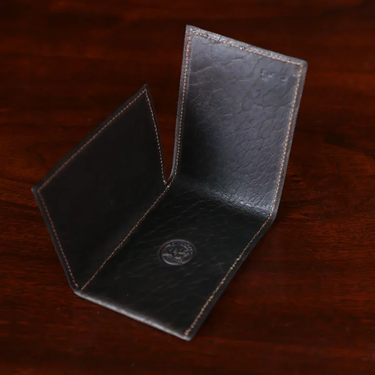 no 102 billfold in tobacco buffalo on dark background - open view
