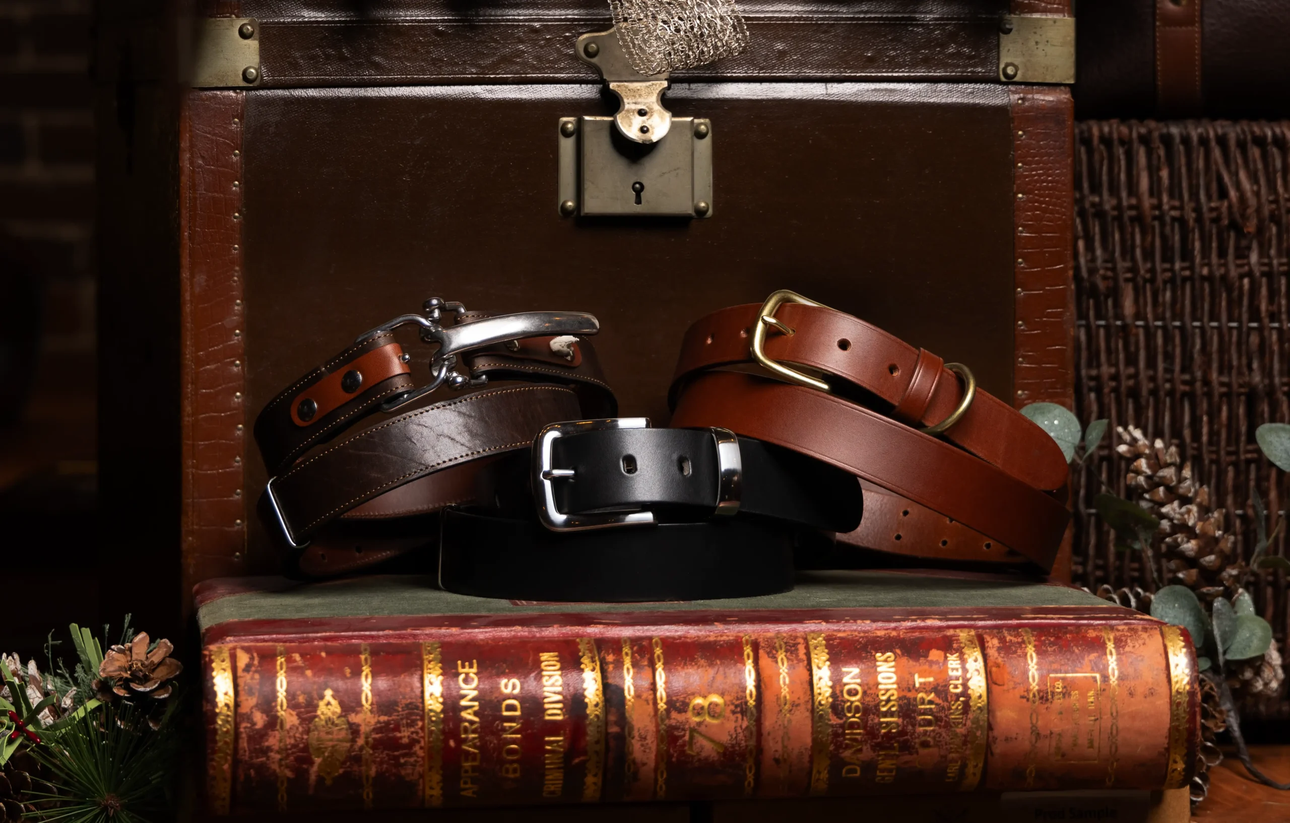 Three leather belts sitting on a book