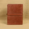 Rugged leather portfolio showing the back with brass hardware.