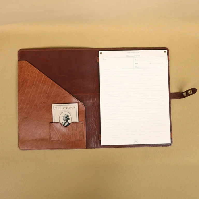 Rugged leather portfolio showing the inside with brass hardware.