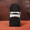Front pocket wallet with flap in brown American Alligator - front view - 001 - on wood table with a dark background