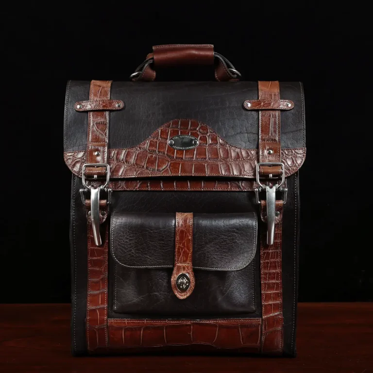 no 9 rover backpack in tobacco buffalo with American Alligator trim - id 005 - front view