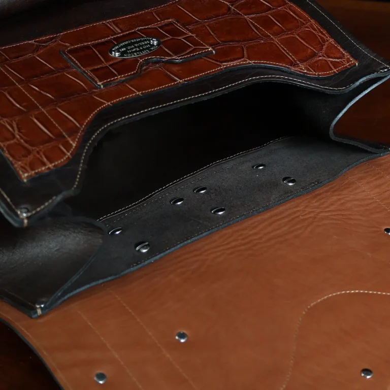 no 9 rover backpack in tobacco buffalo with American Alligator trim - id 004 - open view
