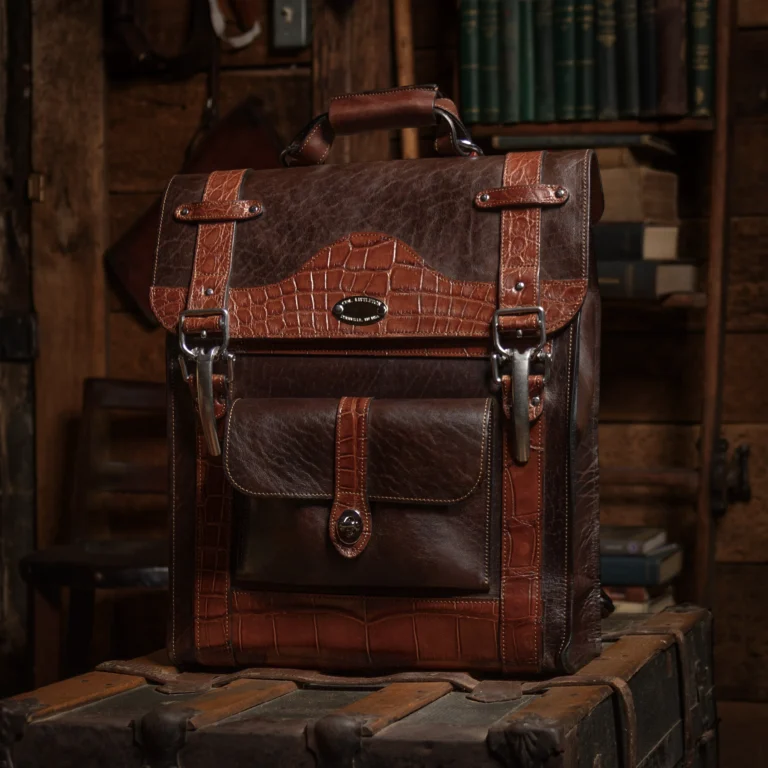 no 9 rover backpack in tobacco buffalo with American Alligator trim - id 004 - front view