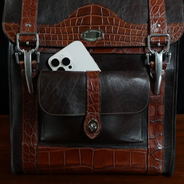 no 9 rover backpack in tobacco buffalo with American Alligator trim - id 004 - front view of pocket